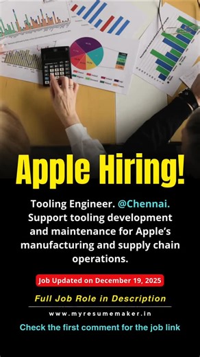 Apple Tooling Engineer Job in Chennai – Apply Now! #AppleJobs #ChennaiCareers Position – Tooling Engineer 📍 Chennai, Tamil Nadu (Operations & Supply Chain) 📅 Posted: Dec 19, 2025 — Official Apple career portal 🧾 Job Description: Support tooling development and maintenance for Apple’s manufacturing and supply chain operations. Work with cross-functional teams to improve production processes and efficiency. 💼 Position: Tooling Engineer 🧠 Skills Required: • CAD & tooling design fundamentals • 