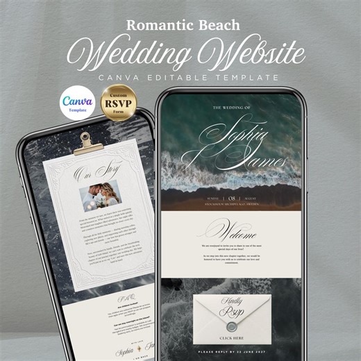 Beach Wedding Website Template With RSVP, Editable Canva Wedding Website, Digital Wedding Invitation Template - Etsy
