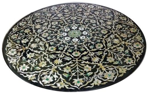 Black Marble Table | Round Marble Dining Table Top | Mother of Pearl Inlay Hallway Center Table | Antique Marble Living Room Sofa Table Top - Etsy