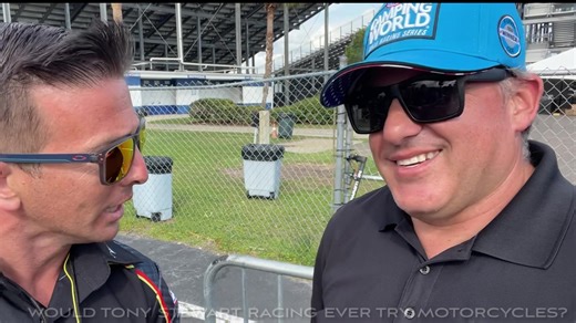 In this interview NASCAR legend Tony Stewart talks about where he sees the state and health of drag racing following his big season-opening NHRA win with Matt Hagan. He shows us his forgiving side as his lovely wife Leah Pruett spills a drink on his foot. We also ask if Tony Stewart Racing would ever consider adding a motorcycle to the team, and finally the motorsports great gets an ice cold surprise. | CycleDrag