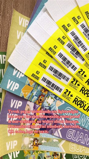 # Waterproof & Tear-Resistant Wristband-Customizable Any Design Looking for reliable event wristbands? Our Tyvek wristbands are lightweight & comfortable! It’s durable, waterproof & tear resistant. Customize with serial numbers, barcodes, QR codes, logos or texts- perfect for concerts, festivals, hotels, exhibitions! Light to wear, hard to break!