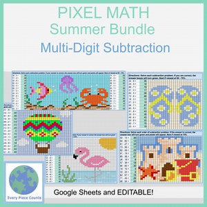 Pixel Art Math - Summer Bundle - Multi-Digit Subtraction