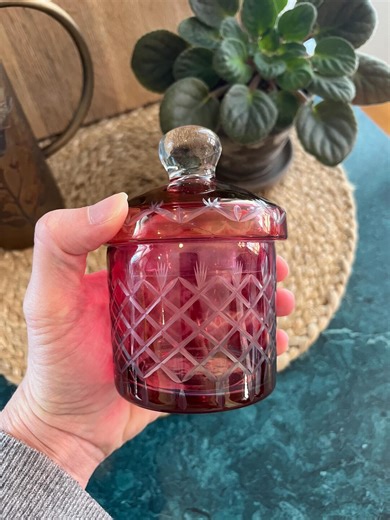 Vintage Cranberry Glass Etched Lidded Jar-1960's - Etsy