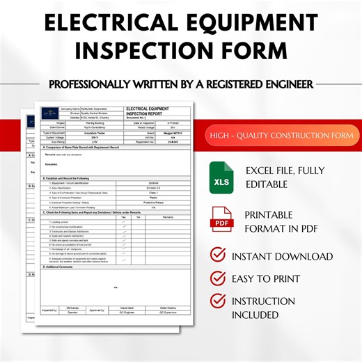 Electrical Equipment Inspection Form, Equipment Test Form, Equipment Assessment Form, Basic Electrical Inspection, Electrical Forms - Etsy