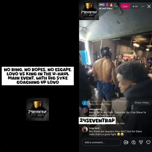 24SevenTrap on Instagram: "No ring, no ropes, no escape. @lovo__steppa vs @crownedking_ig in the U-Haul main event, with @bigsykedavoice_2 coaching up Lovo 🥊 @the_cuban_assassin 💯"