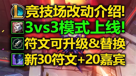 LOL竞技场[模式大改]!3vs3上线!符文可[升级&替换]新增30个符文20位嘉宾!新地图!