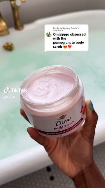 Replying to @Sydney Cowie You’re not wrong, our Pomegranate Seeds & Shea Butter Body Scrub is perfection in a tub 😍 Which Dove body scrub scent is your number one? #Dove #BodyScrub #GlowingSkin #Fruity