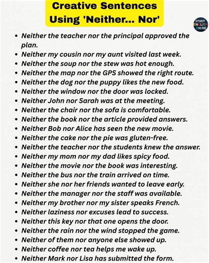 101K views · 1.2K reactions | Creative Sentences Using 'Neither... Nor' | English Grammar Examples | STUDY English Online | Facebook