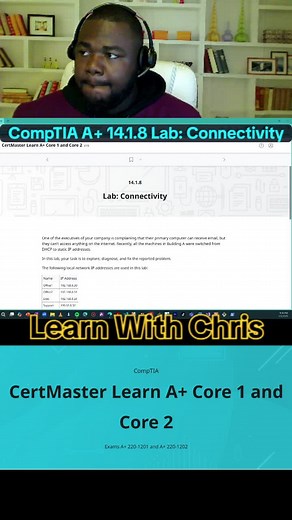🌐 CompTIA A Lab 14.1.8 — Connectivity This lab demonstrates how to test and troubleshoot network connectivity on a Windows system using basic networking tools and commands. 🧠 Key Concepts Network Connectivity Overview: Ensures a computer can communicate with other devices on a local network or the Internet. Troubleshooting connectivity issues involves checking IP configuration, physical connections, and network services. Core Tools and Commands: ipconfig – Displays IP configuration, gateway, a