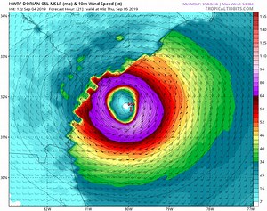 8.8K views · 298 reactions | Afternoon 12z HWRF from tropicaltidbits.com. Continues that real close call for SC/NC as Dorian makes that turn NE. Winds steady at 105mph. NHC notes Hurricane winds extend out 70 miles from center and Tropical Storm winds 175 miles. System has widened some producing this larger wind field. Sitting over the warm Gulf Stream looking healthy this afternoon. Officially expected to remain a Cat 2 nearing SC/NC. www.spaghettimodels.com | Mike's Weather Page | Facebook