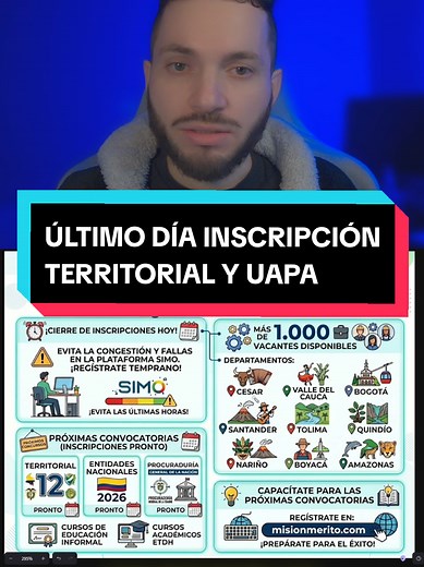 Último día de inscripciones para el concurso Territorial y UAPA. Este concurso oferta más de 1000 vacantes de empleo en diferentes departamentos de Colombia, si vas a participar recuerda inscribirte temprano para no tener dificultades con la página del SIMO. #inscripcion #concurso #uapa #cnsc #misionmerito