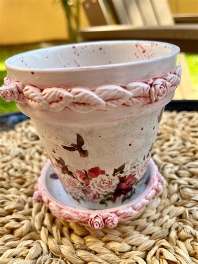 Decoupage Flower Pot, Shabby Chic Floral Clay Planter With Saucer - Etsy