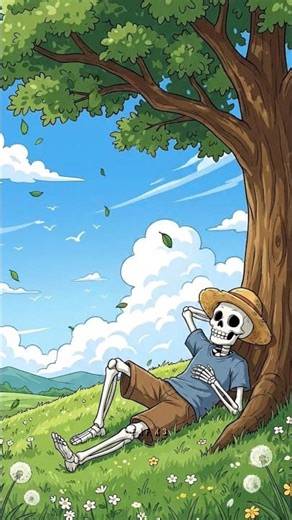 Chill skeleton vibes under blue sky 💀☁️
