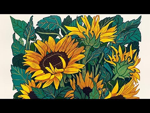 Printing process of Sunflowers linocut print with cutting layers