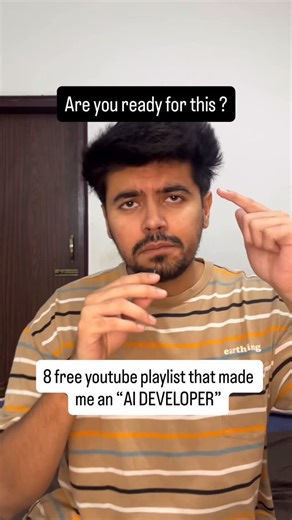 Divyam Dawar on Instagram: "Comment “AI” to get these resource links in your DM. 8 free AI YouTube playlist that made me an AI DEVELOPER in one of the top 3 IT companies of india. Are you guys ready for this ? . . [ AI, agentic ai, vector db, chunking, data science, machine learning, deep learning, python, rag chatbot, generative AI, langchain, agentic ai, fastapi, developer, llm, courses, udemy, coursera, edtech, unacademy, scaler, education, learning, self taught, roadmap ] . . #ai #course #da