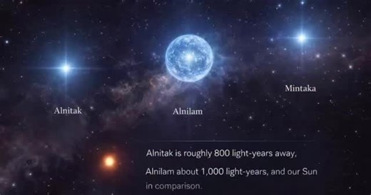 QuantumXparadoxx on Instagram: "The mighty blue supergiants of Orion’s Belt — Alnitak (left), Alnilam (center), and Mintaka (right). These scorching, ultra-massive stars shine tens of thousands of times brighter than our Sun and span many times its diameter. Despite their immense size and power, they appear as simple points of light from Earth. Alnitak lies roughly 800–1,260 light-years away, while Alnilam rests at an astonishing 1,200–2,000 light-years. The Sun, shown below for scale, is a quie