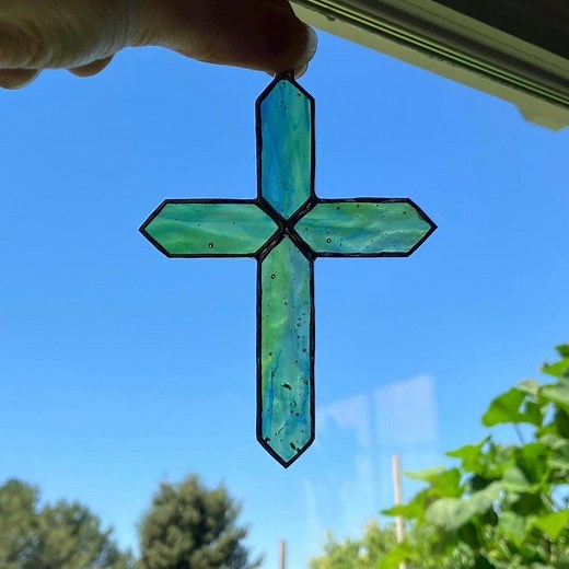 SEA GARDEN, Stained Glass Cross Suncatcher, Textured Glass, Window Cross, Green Cross, Blue Cross, Lead Free Stained Glass, Cross Suncatcher - Etsy
