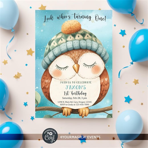 Owl boy birthday invitation, look whoo's turning one invite, cute boy owl birthday, corjl digital printable, editable.