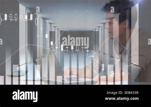 Animation of financial data processing over business people. Global business digital interface technology and networking concept digitally generated video.