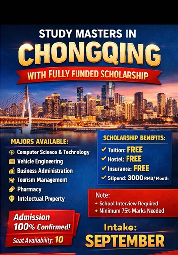 Study Masters in Chongqing with fully funded Scholarship MAJOR AVAILABLE: 1. Computer Science and Technology 2. Vehicle Engineering 3. Business administration 4. Tourism management 5. Pharmacy 6. Intellectual Property Scholarship: Tuition = Free Hostel = Free Insurance = Free Stipend = 3000 Rmb/ Month Note : (The school will conduct interview) Minimum 75% Marks are required Admission = 100% confirm Seat availability = 10 Intake = September #china #study #masters #foryoupage #study