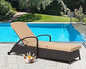 TITIMO Patio Wicker Chaise Lounges with Armrests and Wheels Outdoor Lounge Chairs with 6 Positions Adjustable Backrest and Cushion for Poolside, Balcony and Garden,Dark Brown