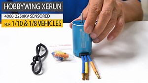 HobbyWing XERUN Competition 4068-2250KV Sensored Brushless Motor for 1/10 & 1/8 RC Vehicles https://www.hobbypartz.com/07e-xerun-sd-4068-2250kv-blue-motor.html Sensor motor has the best control feeling and best performance, excellent for 1/8 scale competition.4 poles rotor, high efficiency (90%), the additional heat-sink is unnecessary in most applications. New design with lighter weight but bigger torque. Higher power, faster acceleration and higher top speed. Top quality materials: Aluminum sh