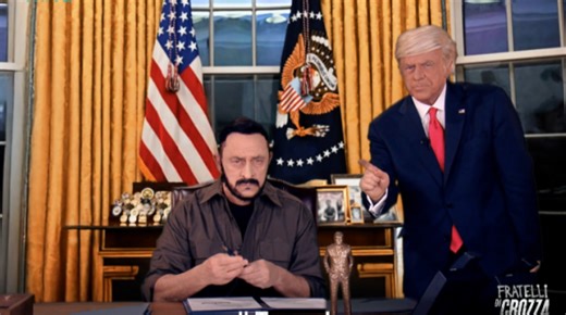 Crozza-Trump chiama a raccolta i suoi servi: Macron, Von Der Leyen e c'è anche Gentiloni