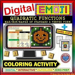 DIGITAL EMOJI - Quadratic Functions: Max Min Range - VF & SF DISTANCE LEARNING