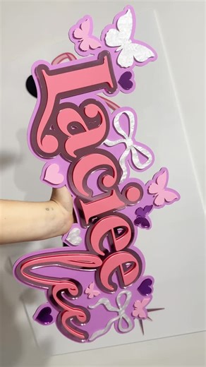 Hello Acrylic 🎀 Laser Cut & Engraved on Instagram: "Butterflies, Bows & Hearts 🦋🎀💕 Acrylic Triple Layer Name Sign in a sweet girly palette ✨ Custom colours • Custom size & design 💗 Flamingo + Baby Pink Mirror + Sour Grape base 🫶🏻 Finished with touches of White Pearl, Pastel Musk & Purple Mirror #helloacrylic #customacrylic #acrylicnamesign #acrylicsignage #butterflydecor #girlsroomdecor #girlydecor #kidsroomdecor #nurserydecor #playroomdecor #customnamesign #triplelayersign #lasercutacryl