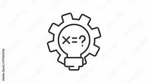 Animated math equation icon. Mathematical formula line animation. Rotating gear. Increasing question mark. Black illustration on white background. HD video with alpha channel. Motion graphic
