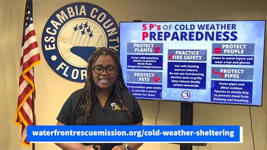 🎥 A Minute with EM: Escambia County Cold Weather Forecast 🥶 Potentially freezing temperatures could impact Escambia County early next week with lows reaching into the 30s. Meteorologist Scottlin Wilson breaks down the upcoming cold weather and shares tips on preparing your household for freezing temperatures. When temperatures drop to 40 degrees or below, local shelters like Waterfront Rescue Mission open their doors to those seeking warmth. To learn more about Waterfront's cold-weather shelte