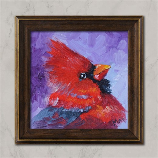 Red Cardinal Oil Painting: Framed Original Bird Art, 6x6'' - Etsy