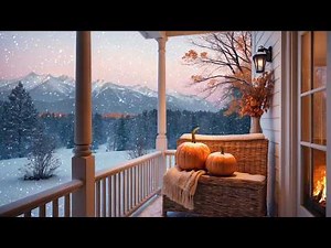 First Snowfall Ambience ❄️ Cozy Winter Porch with Falling Snow & Relaxing Fireplace Sounds