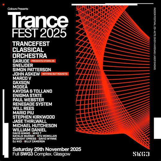 The only Trance event to be at this winter. TranceFEST 2025 is on the horizon - the countdown is on. Joined Headliner Darude and a a line up of international Djs including the Scottish debut of John Askew's 'Nothing But Rockets' aswell as featuring a headline set from our 30 piece orchestra - TranceFEST Classical playing all your favourite Trance anthems. You dont want to miss this. 🎟️ https://www.skiddle.com/e/40941474 | Coloursfest