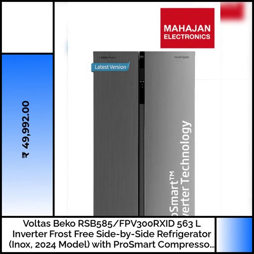 Experience the joy of fresh food every day! 🌿✨ Introducing the Voltas Beko RSB585/FPV300RXID - your perfect kitchen companion! This sleek Inox 563 L Inverter Frost Free Side-by-Side Refrigerator is equipped with a ProSmart Compressor & Active Fresh Blue Light, ensuring your food stays fresh and flavorful for longer. The Multi Airflow system guarantees even cooling, making every meal a delightful experience. 🎉🥦🥇 Upgrade to a smarter lifestyle and enjoy hassle-free storage for all your favorit