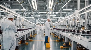 High-tech electric vehicle battery cell assembly line. Featuring advanced and precise machinery in a modern factory