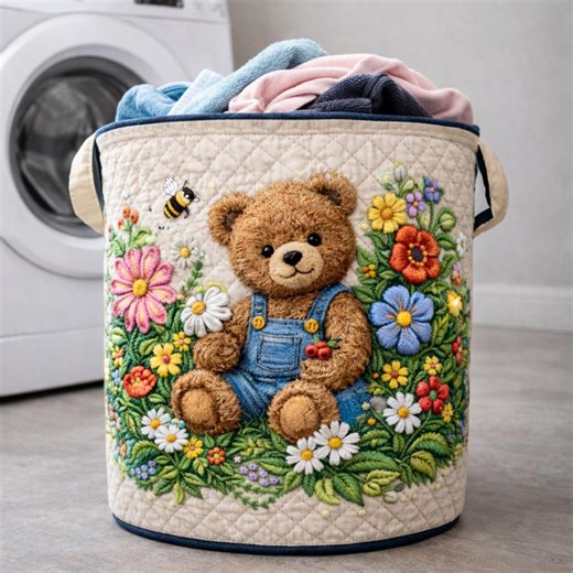 Quilted Laundry Basket With Cute Bear Design, Large Fabric Storage Bin for Clothes, Nursery Toy Organizer, Decorative Laundry Hamper - Etsy