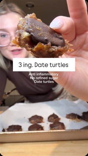 Lydia on Instagram: "3 ingredient Date turtles! No refined sugar, compatible with an anti inflammatory diet! 1C pit free dates 1/4c just date dark chocolate chips Pecans Soak the dates in hot water for 15 minutes then drain and transfer to a food processor and blend until you get paste. Scoop and form dollops on a parchment lined tray. Place 1 pecan on each one. Melt the chocolate in the microwave or double boiler and add on top of each turtle. Freeze to harden the chocolate for a few minutes. Y