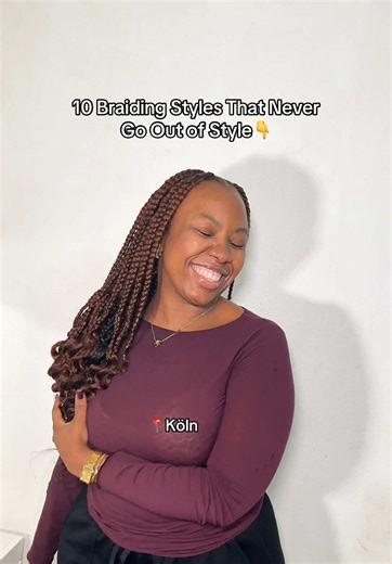 10 Braiding Styles That Never Go Out of Style ✨ Some braid styles stay popular no matter the trend. \t1.\tKnotless braids Lightweight, natural-looking, and very comfortable. \t2.\tBox braids A classic protective style that always looks good. \t3.\tFulani braids Beautiful braids with a signature pattern and sometimes beads. \t4.\tGoddess braids Braids with curly pieces that give a soft, full look. \t5.\tBoho braids Loose curls mixed with braids for a trendy, effortless style. \t6.\tCornrows Simpl