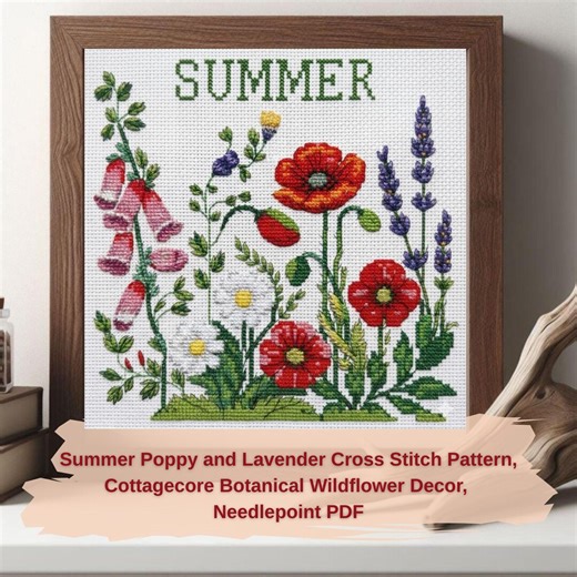 Summer Poppy and Lavender Cross Stitch Pattern, Cottagecore Botanical Wildflower Decor, Needlepoint PDF