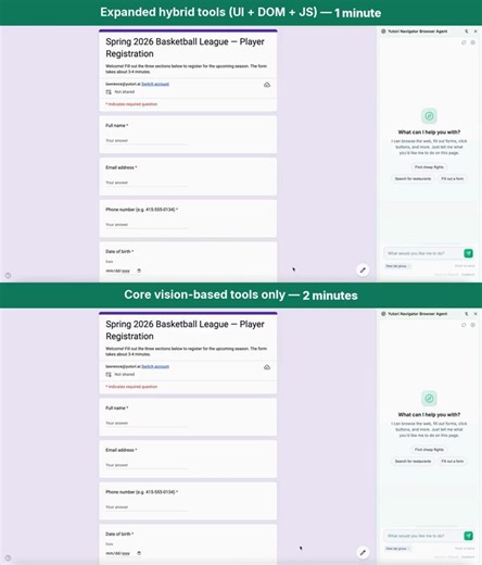 n1 drove a browser through UI actions: click, type, scroll.n1.5 can also write JavaScript to read and manipulate the webpage DOM.When filling out forms, n1.5 can one-shot fill multiple fields.Cuts down time in half.The model decides: code for efficiency, UI actions for generality, vision for verification.