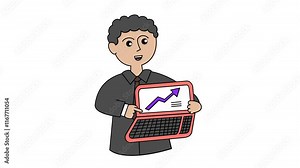 Animated businessman cartoon character presenting a growth chart on a laptop. Alpha channel. Seamless looping. Suitable for business report presentation video element content