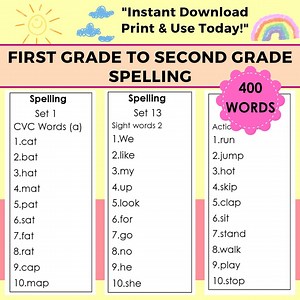 First Grade Spelling and Second Grade Spelling Lists, Grade 1-2 Phonics Worksheets, Sight Words | Year 1 and 2 English Lessons - Etsy