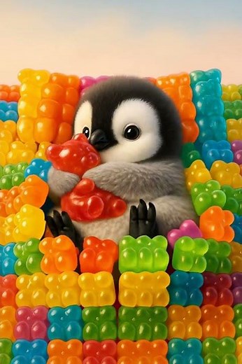 So Gummy!🧸🍬 Little Penguin on a Gummy Bear Bed 🐧✨#bed #ペンギン #ベッド #펭귄 #침대 #pingüino