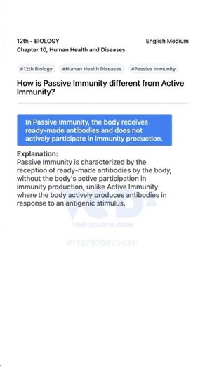 12th Biology Human Health Diseases Passive vs Active Immunity