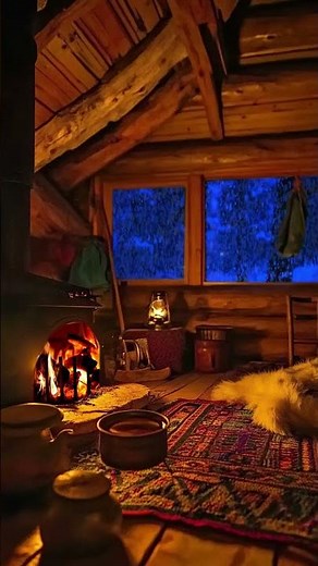 Snowstorm sounds in a Cozy Hut🔥 Fireplace in Mountain Cabin #snow #fire #relaxing #shorts