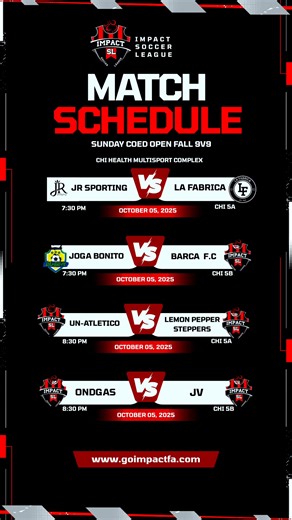 Match Schedule Sunday 10/05/2025 Coed Open (Fall 9v9) #soccer #match #day #game #Impact #sunday #9v9 #fall | Impact Soccer League | Facebook