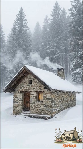 A Small Stone Cabin Holding Warmth in Falling Snow Quiet Shelter in a Winter Forest Snow moves softly through the forest, settling layer by layer on stone and wood. Tall pines stand close, their branches heavy with winter, shaping a silence that feels deep and complete. At the center of it all is a small stone cabin. Low to the ground. Solid. Unassuming. Its roof carries a thick blanket of snow, and smoke drifts gently from the chimney, guided by the cold air rather than torn by wind. A single w