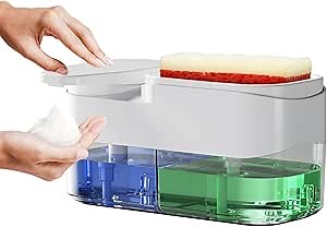 2-in-1 Kitchen Sink Dish Soap Dispenser and Sponge Holder with Sponge, Wall Mount with Hook/Freestanding Kitchen Soap Dispenser Set, Kitchen Dish Soap Dispenser, 34 oz/1000ml (White)