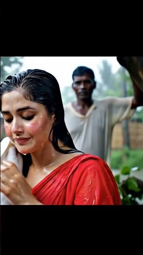 💦 Beautiful Deshi Village Girl Bathing Monsoon Rain♥️ Peaceful Rural Life Wet Red Saree nice hot sex